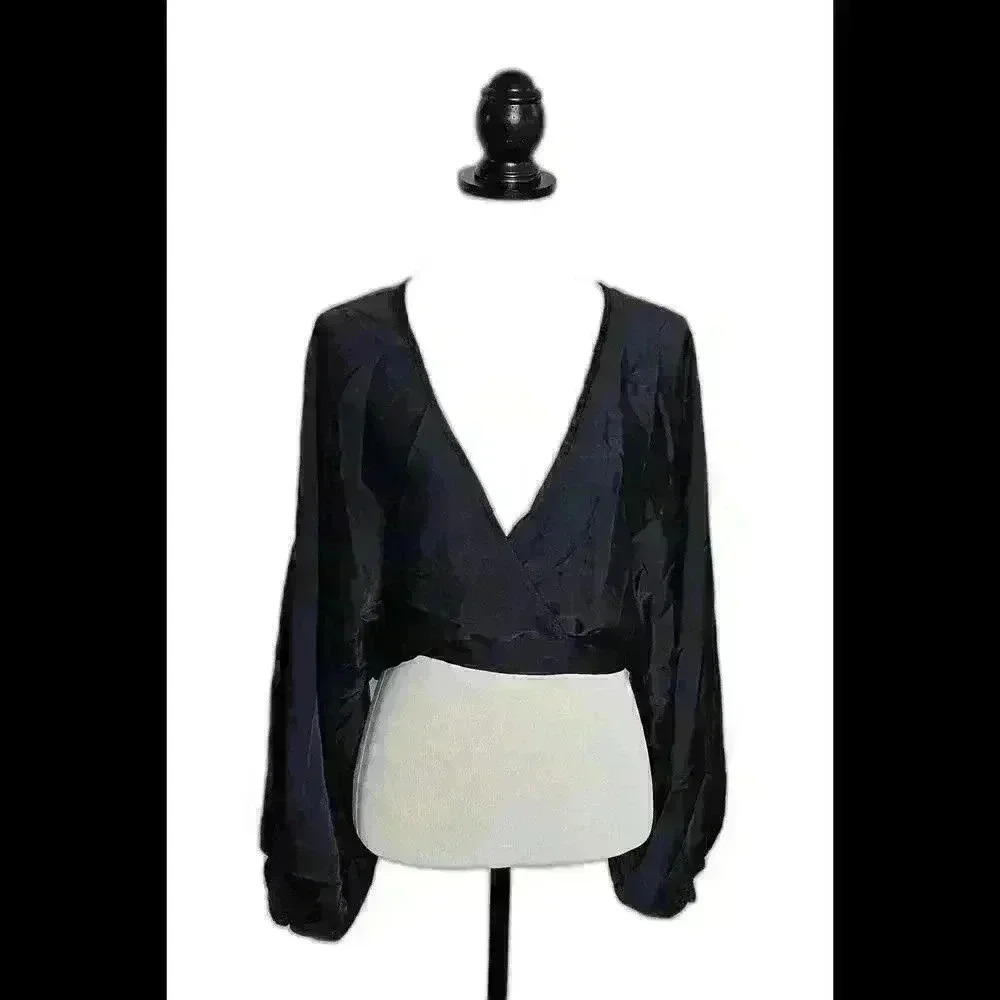 Free People Deep V-Neck Cropped Blouse with Long Sleeves